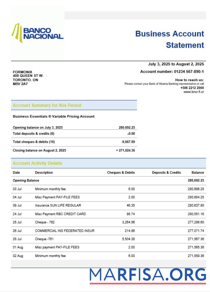 Downloadable Costa Rican Banco Nacional de Costa Rican business bank company account statement Word and PDF format sample